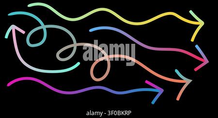 Multicolored arrows swirling and pointing in different directions on a dark background Stock Vector