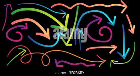 Multicolored arrows swirl and move in various directions on a dark background Stock Vector