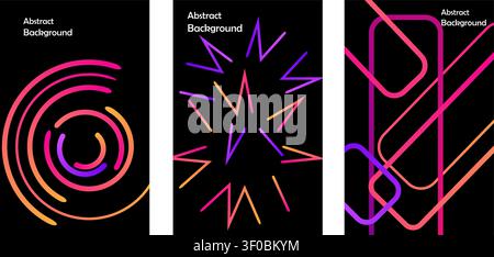Three neon light designs on a black background with colorful patterns Stock Vector
