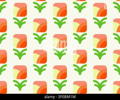 Minimalist 70s style floral pattern with abstract orange buds and green leaves on cream background Stock Vector