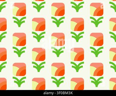 Minimalist 70s style floral pattern with abstract orange buds and green leaves on cream background Stock Vector