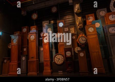 Belgian Railway station clocks on display at Train World in Brussels Stock Photo
