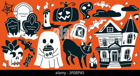 Spooky black and white Halloween hand drawn vector clipart set for festive sticker and poster design Stock Vector