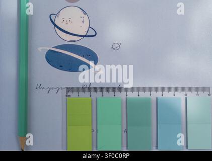Modern pastel stationery accessories arranged for school, office work, education and stationery store promotion. Stock Photo