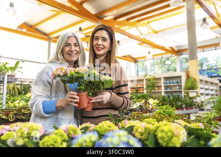 Mother and daughter smiling together in a bright plant nursery, holding potted hydrangeas while enjoying shopping, gardening bonding and multigenerati Stock Photo