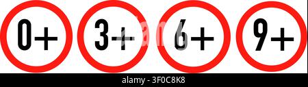 Age Rating Icons Set 0+, 3+, 6+, 9+ – Child Content Classification Labels, Vector Collection Stock Vector