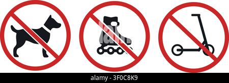 No Dogs on Roller Skates or Scooters Sign Set – Prohibited Pets Safety Icons Collection Stock Vector