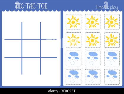 Tic-tac-toe chart or noughts and crosses template, sun, rain weather elements to cut out, fun educational activity for logic thinking development, printable worksheet for board game, teacher resource Stock Vector