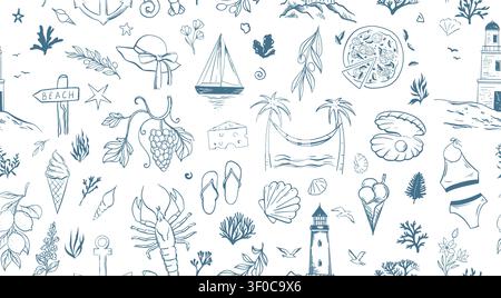 Summer vintage postcard vector frame. Border hand drawn doodle italy cards. Postage outline sketch beach and vacation elements. Stamp frame card.  Stock Vector