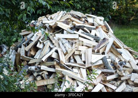 Large pile of chopped firewood in nature Stock Photo