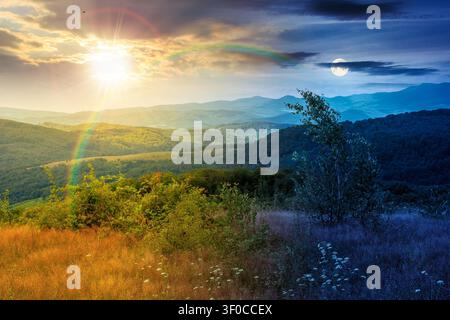 tree on a field in mountain landscape. day meet night. sun and moon over green countryside of ukraine in summer. cloudy weather. carpathian landscape Stock Photo