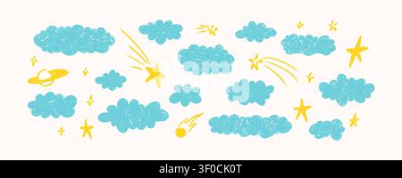 Hand drawn crayon doodle kid background with fluffy blue clouds, shooting star, ufo, planet, comet. Starry sky pastel drawing. Freehand funky childish Stock Vector