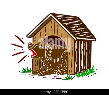 Beware of vicious dog. The dog is barking in its kennel. Hand drawn. Not AI, vector illustration. Stock Vector