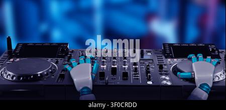 Music creation with artificial intelligence. Robot using DJ controller on blurred background, closeup Stock Photo