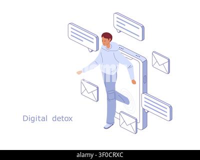 Person leaving social media behind. Isometric vector illustration for digital detox banner, unplug poster, or mindfulness blog Stock Vector