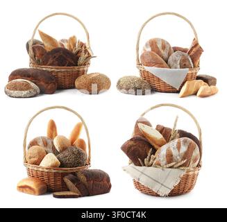 Bread in wicker basket isolated on white, set Stock Photo