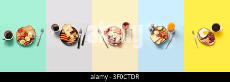 Variety of full English breakfast plates with coffee and utensils Stock Photo