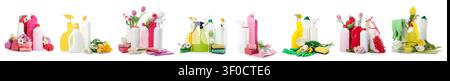 Various cleaning supplies with flowers and gloves on white background Stock Photo