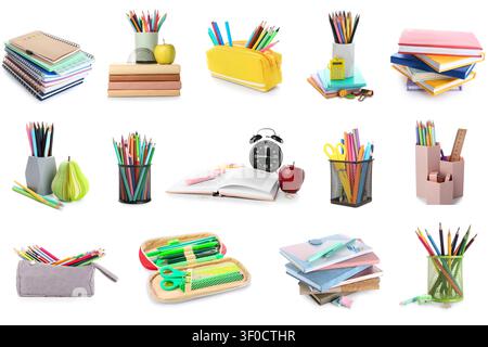 Collection of colorful school supplies and stationery items Stock Photo