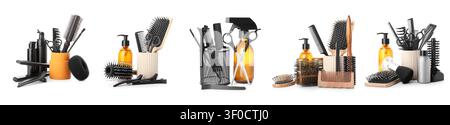 Various hair styling tools and products on white background Stock Photo