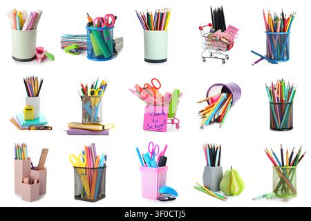 Various colorful stationery items in containers and on books Stock Photo