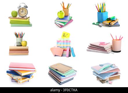 Various colorful school supplies and books arranged in groups Stock Photo