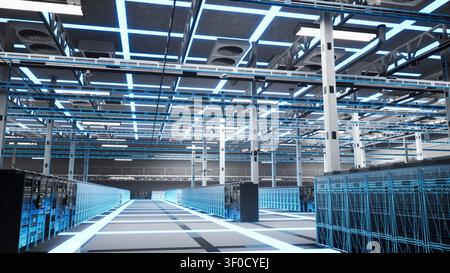 Blue digital rendering maps quantum computing and AI server hardware with blue VFX wireframe graphics. Stock Photo