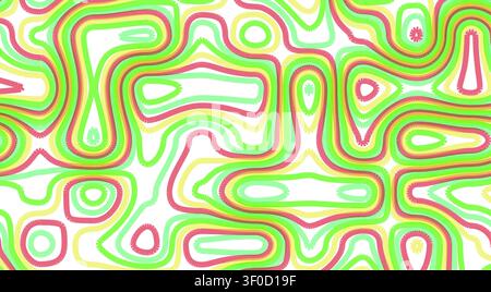 A vibrant abstract pattern featuring flowing, organic contour lines in green, yellow, and red against a white background, creating a topographic map-l Stock Vector