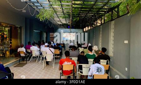 Football fans eagerly await the Egyptian-Argentine dream match. Khartoum, Sudan July 7: One of the public viewing areas at a restaurant that has been broadcasting tournament matches in the Sudanese capital, Khartoum-Omdurman, hosted today the Argentina vs. Egypt match in the Round of 16 of the 2026 FIFA World Cup. A large number of fans gathered to support both teams amid an enthusiastic atmosphere, reflecting the great interest in the tournament and the publics participation in group viewing events. photo by Abdul-Razzaq Saif al-Din / JNA Press. Omdurman Sudan Copyright: x xAbdulxRazzaqxSaifx Stock Photo
