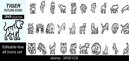 Set of 30 editable line art tiger outline icons in various poses and styles, perfect for graphic design resources. Stock Vector