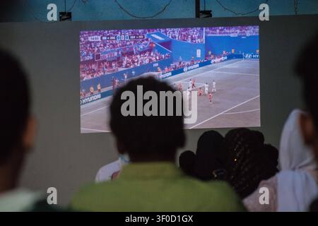 Football fans eagerly await the Egyptian-Argentine dream match. Khartoum, Sudan July 7: One of the public viewing areas at a restaurant that has been broadcasting tournament matches in the Sudanese capital, Khartoum-Omdurman, hosted today the Argentina vs. Egypt match in the Round of 16 of the 2026 FIFA World Cup. A large number of fans gathered to support both teams amid an enthusiastic atmosphere, reflecting the great interest in the tournament and the publics participation in group viewing events. photo by Abdul-Razzaq Saif al-Din / JNA Press. Omdurman Sudan Copyright: x xAbdulxRazzaqxSaifx Stock Photo