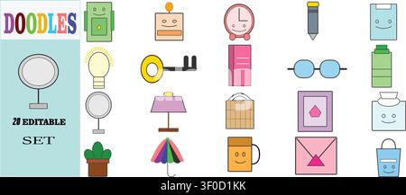 A collection of 20 editable doodle-style icons featuring everyday objects, household items, and simple characters in a flat design. Stock Vector