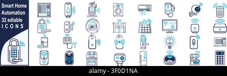 A comprehensive collection of 32 editable line icons representing various smart home automation devices and technologies, including security, climate Stock Vector