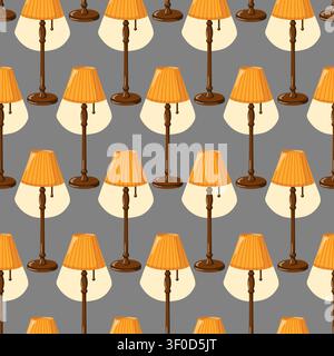 Seamless pattern with orange floor lamps on gray background. Cartoon vector cozy home decor background Stock Vector