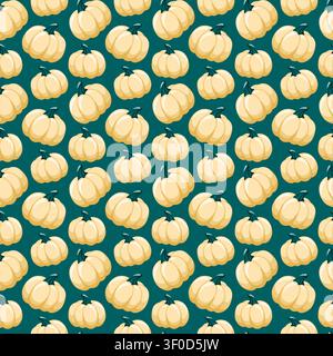 Seamless autumn pattern with cream pumpkins on dark teal background. Cartoon vector cozy seasonal background Stock Vector