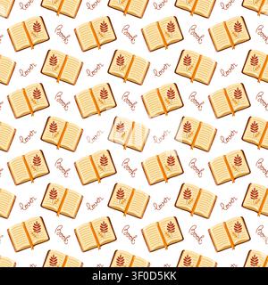 Seamless pattern with open books and orange bookmarks on white background. Cartoon vector cozy reading background Stock Vector