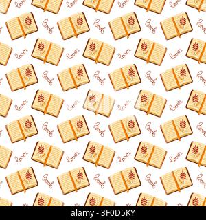 Seamless pattern with open books and orange bookmarks on white background. Cartoon vector cozy reading background Stock Vector