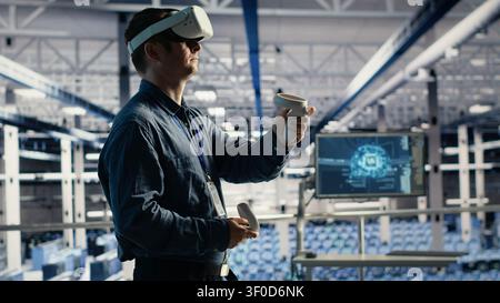 Programmer uses a VR headset to review AI diagnostics and manage server system performance. Stock Photo