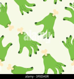 Zombie hands seamless pattern vector illustration. Cut off green monster hands with bones cartoon repeating background on isolated cream. Spooky hallo Stock Vector