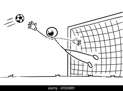 A football or soccer goalkeeper trying to catch a football or soccer ball as it approaches the goal post. Stock Vector
