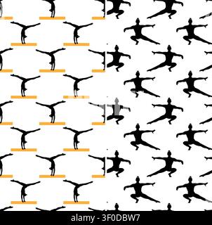 Repeating seamless Pattern Collection of gymnastics on balance beam and floor exercise element. Isolated Vector illustration for fabric, packaging, wallpaper, stationery, scrapbook or branding project Stock Vector