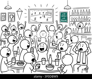 A pub with people watching a football or soccer match on screen. Stock Vector