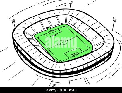 Illustration of a football or soccer stadium showing an aerial view with the field highlighted in green. Stock Vector