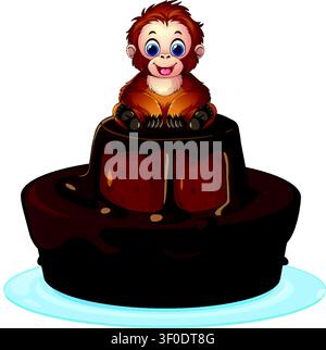 Vector illustration of a smiling baby orangutan atop a layered chocolate cake with frosting. Stock Vector