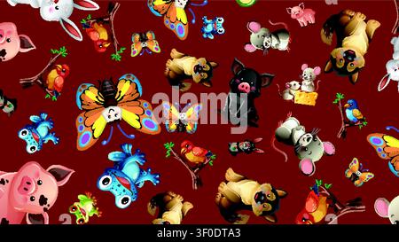Vector illustration of colorful animals and insects on a brown background in seamless pattern. Stock Vector