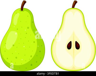 Flat vector illustration of a whole green pear and a vertical cross-section with seeds. Stock Vector