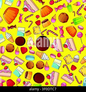 Vibrant pop art vector pattern with various desserts, candies, and cakes on yellow background. Stock Vector