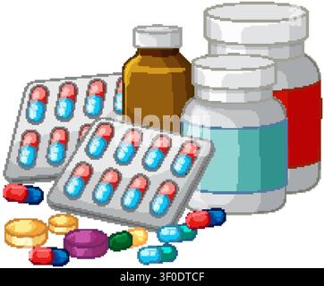 Flat vector illustration of various medicine bottles, blister packs, and loose capsules on white background Stock Vector