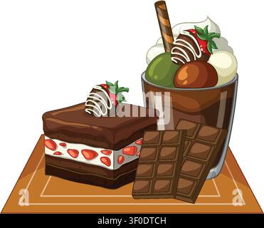 Vector illustration of layered chocolate strawberry cake, chocolate bars, and a matcha chocolate sundae Stock Vector