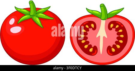 Cartoon style vector illustration of a whole red tomato and a sliced half with seeds. Stock Vector